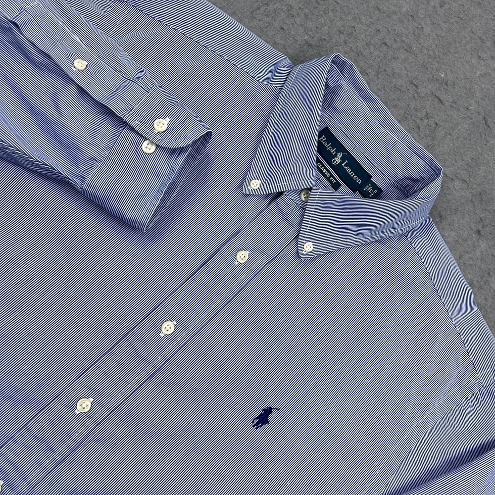 Ralph Lauren Dress Shirt‎ Men's 17.5 Blue Stripe Long Sleeve Pony Logo Button Up